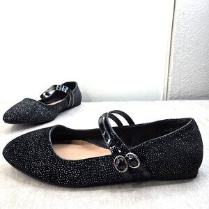 Pointed Toe Mary Jane Ballet Flats 12 Wide Fit Black Glitter Velvet Dressy Shoes